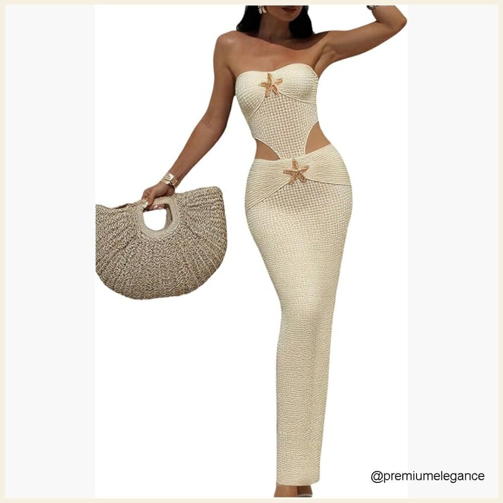 Strapless Crochet Cut Out Maxi Beach Cover Up Dress Size Small